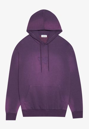 Purple cotton hoodie with a kangaroo pocket, drawstring hood, and butterfly embroidery on the chest. Soft, textured fabric.