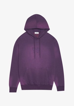 Lila Baumwoll-Hoodie mit Kängurutasche, Kapuze mit Kordelzug und Schmetterlingsstickerei auf der Brust. Weiches, strukturiertes Material.