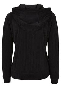 Sweat à capuche côtelé noir à manches longues et coupe décontractée, vu de dos, avec une capuche sans cordons visibles.