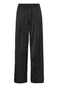 Pantaloni neri a gamba ampia realizzati in tessuto liscio e lucido. Presentano una vita elastica con coulisse per una vestibilità regolabile.