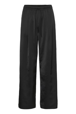 Black wide-leg pants made of smooth, shiny fabric. Features an elastic waistband with a drawstring for adjustable fit.