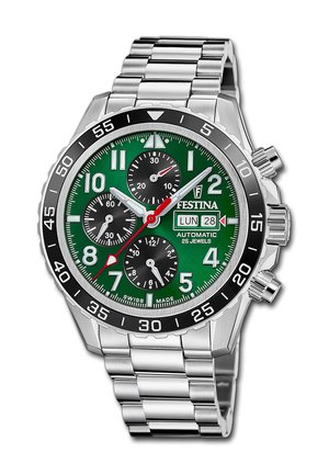 Edelstahluhr von Festina mit Chronograph, grünem Zifferblatt, schwarzen Hilfszifferblättern, Datums- und Wochentagsanzeige sowie schwarzer, drehbarer Lünette mit silbernen Markierungen.