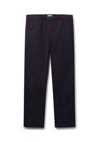 Pantalones casuales de pierna recta en navy oscuro para hombre, con bolsillos laterales, trabillas y cierre de botón, dispuestos sobre un fondo blanco.