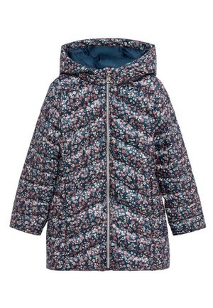 Veste matelassée à capuche pour enfant avec fond bleu marine et motif floral rose, blanc et vert, fermeture éclair à l'avant.