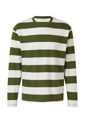 Long-sleeve crewneck shirt with wide horizontal olive green and white stripes, made of soft knit fabric.