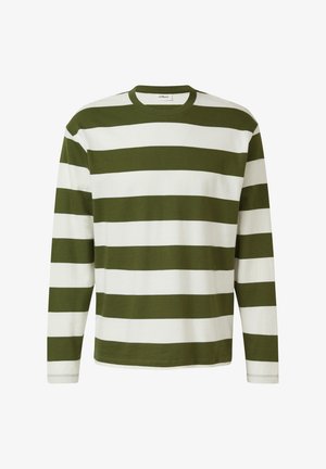 Long-sleeve crewneck shirt with wide horizontal olive green and white stripes, made of soft knit fabric.
