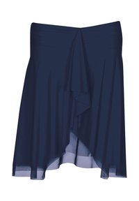 Tmavomodrá sukňa po kolená s vrstveným, asymetrickým lemom a záhybmi látky na prednej strane.