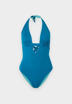 Türkizkék halter nyakú egyrészes fürdőruha mély V-nyakkivágással és megkötőkkel nyaknál és hát közepén.