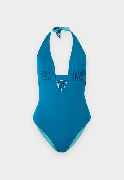 Τιρκουάζ ολόσωμο μαγιό με halter neck, βαθύ V λαιμόκοψη και δεσίματα στον λαιμό και στη μέση της πλάτης.
