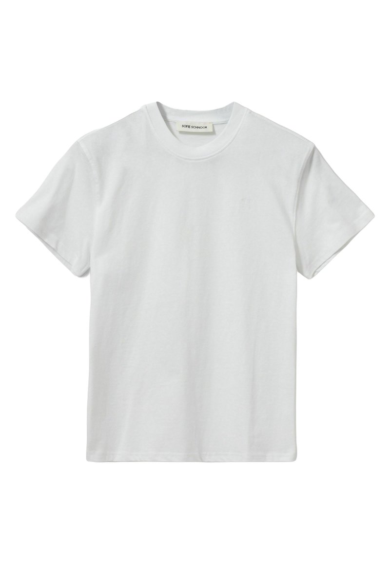 Biely bavlnený tričko s okrúhlym výstrihom a krátkymi rukávmi. Jednoduchý dizajn s minimalistickým logom na prednej strane. Mäkka textúra.