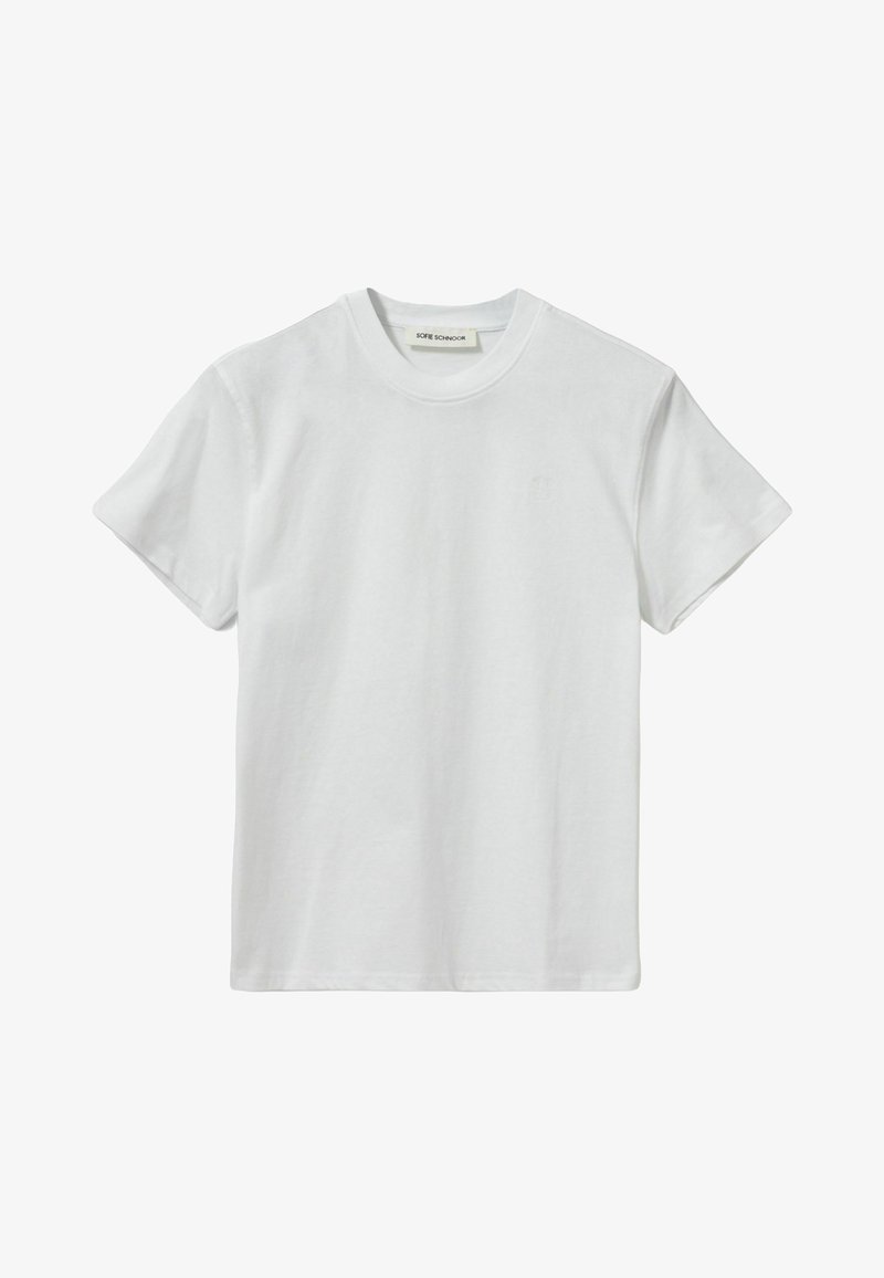 Biely bavlnený tričko s okrúhlym výstrihom a krátkymi rukávmi. Jednoduchý dizajn s minimalistickým logom na prednej strane. Mäkka textúra.