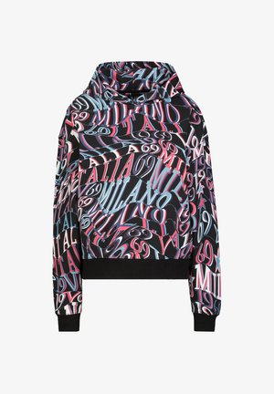 Graphic hoodie featuring a black base with vibrant pink, blue, and white swirling text and number patterns. Cropped style with ribbed cuffs.