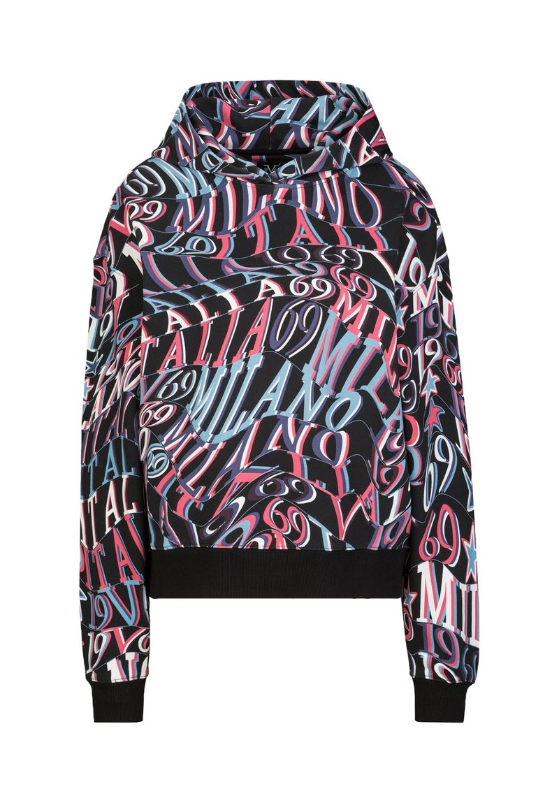 Grafische hoodie met een zwarte base en levendige roze, blauwe en witte draaiende tekst- en nummerpatronen. Cropped stijl met geribbelde manchetten.