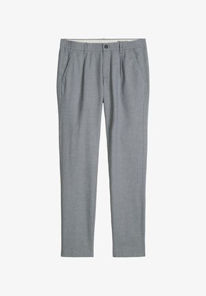 Lichtgrijze rechte broek met steekzakken, riemlussen en knoopsluiting in de taille, afgebeeld op een witte achtergrond.