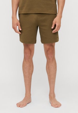 Olivgrüne Shorts aus strukturiertem Stoff, mit schlichtem Design, geradem Schnitt und ohne sichtbare Beschläge oder Akzente.