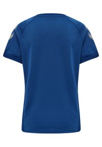 Blauw sportshirt met korte mouwen, gemaakt van ademend materiaal. Bevat een ronde hals en textuuraccenten op de schouders.