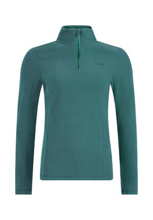 Turkoosi vihreä pitkähiha pullover, jossa on neljännesvetoketju ja pystykaulus, sekä hienovaraista brändäystä rinnassa ja vetoketjun läpällä.