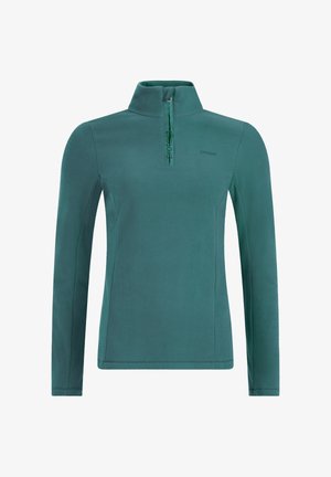 Teal green long-sleeve fleece pullover with a quarter zip and stand-up collar, featuring subtle branding on chest and zipper placket.