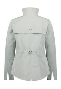 Light grey waterproof jacket with a high collar, cinched waist, and textured shoulder panels. Features a back flap and adjustable drawstring.