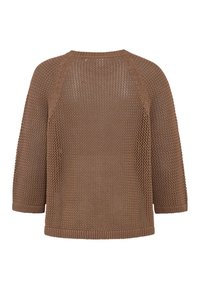 Pull marron en tricot avec motifs texturés, manches trois-quarts et encolure ronde, vu de dos sur un fond blanc.