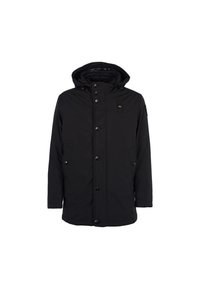 Zwarte waterdichte parka-jack met een capuchon, een sluiting met knopen aan de voorkant, twee zijzakken en een klein logo op de borst. Gladde structuur.