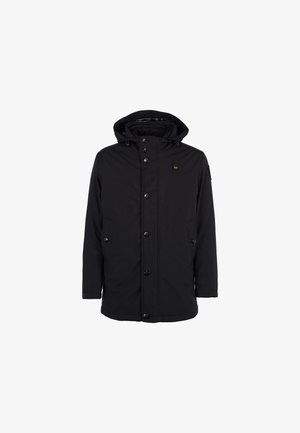 Black waterproof parka jacket featuring a hood, front button closure, two side pockets, and a small logo on the chest. Smooth texture.