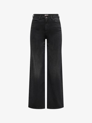 Melnas platajās džinsu bikses ar priekšpuses pogu, rāvējslēdzēja aizdari, jostas cilpām un piecu kabatu dizainu, attēlotas uz balta fona.