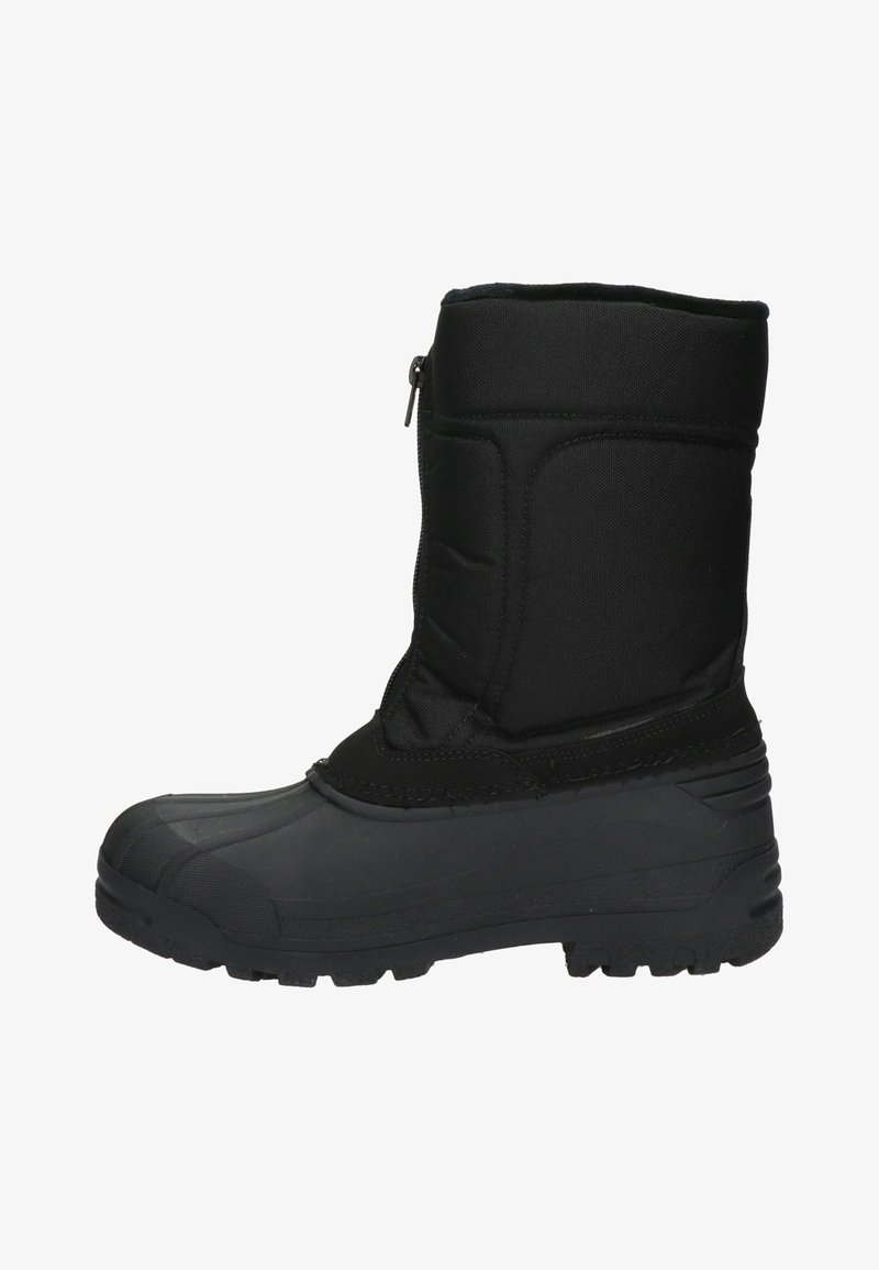 Zwarte geïsoleerde winterlaars met een nylon bovenkant en rubberen zool. Bevat een ritsluiting en een textuur aan de tenen voor grip. Stijlvol en functioneel ontwerp.