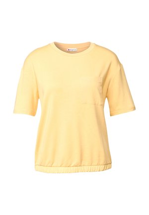 Geel katoenen t-shirt met korte mouwen en een zak. Het heeft een relaxte pasvorm en een geplooide onderrand, wat zorgt voor een losse en comfortabele silhouet.