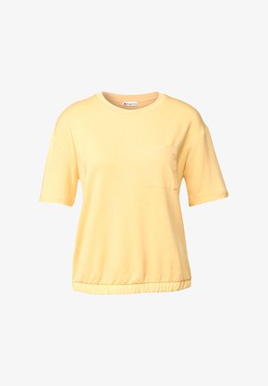 Žluté bavlněné tričko s krátkým rukávem a kapsou. Má uvolněný střih a nařasený lem, což poskytuje volnou a pohodlnou siluetu.