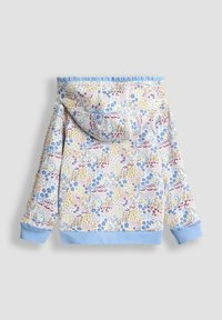 Sudadera con capucha de patrón floral en tonos pastel, con puños y dobladillo azules. Tejido suave con un diseño relajado y holgado.