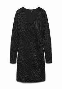 Crna haljina dugih rukava s dubokim V-izrezom, koja ima metalik srebrne valovite uzorke i naboranu bočnu detalj za uski siluetu.