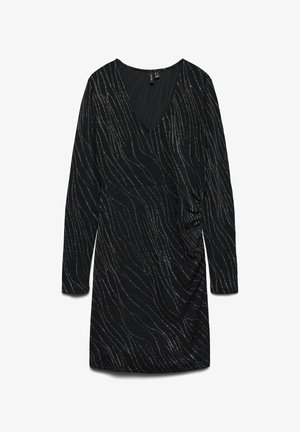 Mustaga pikkade varrukatega kleit sügava V-kaelusega, millel on metallik hõbedased lainemustrid ja kokku volditud detail külgedel, mis loob figureeriva silueti.