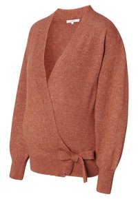Rostfarbener Wickelpullover aus strukturiertem Strickstoff, mit tiefem V-Ausschnitt, langen Ärmeln und einem gebundenen Taillendetail.