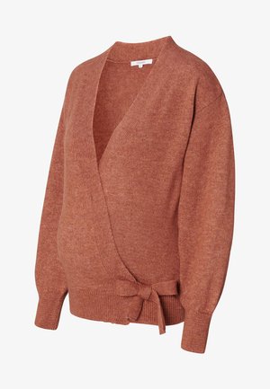 Sweter w kolorze rdzy z okrągłym splotem, z głębokim dekoltem V, długimi rękawami i wiązaniem w talii.