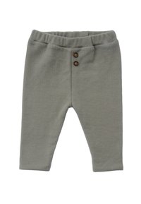 Grüne, waffelstrukturierte Hose mit einem elastischen Bund und zwei braunen Knöpfen an der Vorderseite. Mit konischem Bein design.