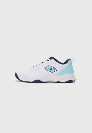 White and light blue athletic sneaker with navy accents and logo, mesh upper, cushioned sole, and pull tab on the heel.