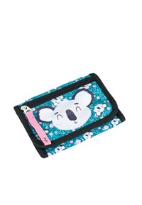Portafoglio con cerniera a tema koala, caratterizzato da uno sfondo teal con motivi floreali e illustrazioni di koala. Rifinitura nera con un tirante rosa per la cerniera.