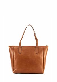 Brązowa skórzana torba na ramię z dwoma uchwytami i zapięciem na zamek. Charakteryzuje się gładką fakturą i minimalistycznym designem. Brak widocznych wzorów lub akcentów.