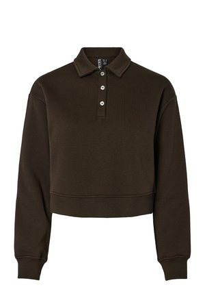 Bruine cropped sweatshirt met een polokraag, voorzien van een knoopsluiting met drie glanzende knopen en geribde mouwen.