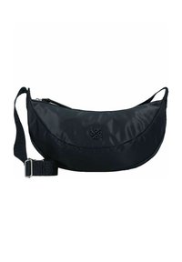 Borsa a spalla in nylon nera con design curvo, tracolla regolabile, accessori lucidi e un logo sottile impresso sul davanti.