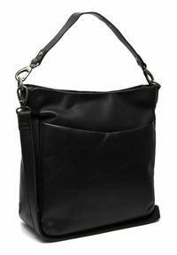 Zwarte leren schoudertas met een textuurafwerking, slanke profiel, bovenhandvat en verstelbare schouderriem; beschikt over een magnetische sluiting en een voorzak.