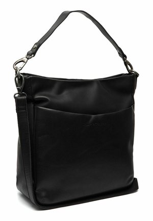 Black leather shoulder bag with a textured finish, slim profile, top handle, and adjustable strap; features a magnetic closure and front pocket.