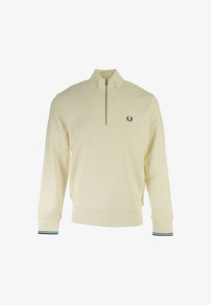 Helle cremefarbene Pullover mit hohem Kragen, halbseitigem Reißverschluss, gerippten Bündchen mit Farbakzenten und gesticktem Logo auf der Brust.