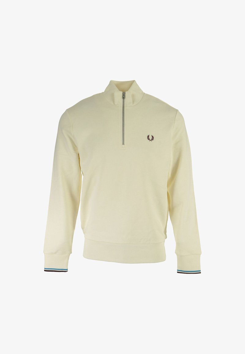 Lysecremet pullover med høj krave, halv lynlås fortil, ribbede manchetter med farveaccenter og broderet logo på brystet.