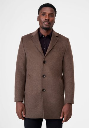 Bruine wolmix overcoat met een getailleerde pasvorm, notch-kraag en sluiting met vijf knopen. Heeft zijzakken en een soepele textuur.