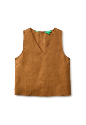 Haut marron sans manches en lin avec encolure en V et fermeture par boutons dans le dos, présenté à plat sur fond blanc.
