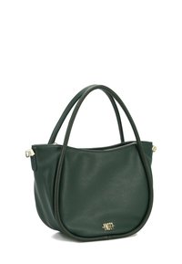 Borsa a tracolla in pelle verde con manici doppi, silhouette curvata, accessori in tonalità oro e cuciture a contrasto. Texture liscia con chiusura a zip.