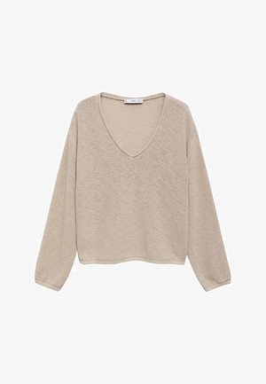 Beige, long-sleeve sweater made from textured knit fabric. Features a wide V-neck and a loose, cropped fit.