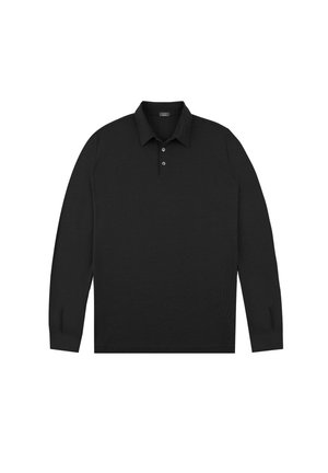 Zwarte lange mouwen polo-shirt met een kraag en een drie-knopen sluiting. Ribgebreide manchetten en onderrand voegen textuur toe aan het ontwerp.